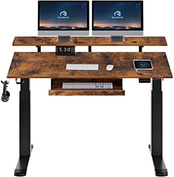 Rolanstar Standing Desk Dual Motor with USB Charging Ports, 55" Adjustable Height Desk with Keyboard Tray and Monitor Shelf, Electric Standing Desk with Double Headphone Hook, Rustic Brown