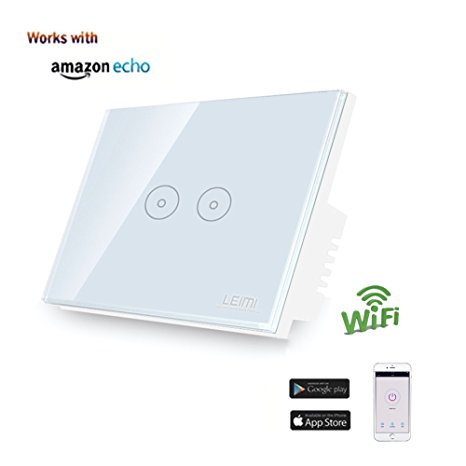 LEIMI Smart Wi-Fi Light Touch Screen Switch, No Hub Required, White Crystal Glass Panel,Control Your Fixtures From Anywhere, Works With Amazon Alexa(Wall Switch 2 Gang)