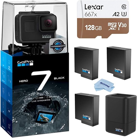 GoPro HERO7 Black - Waterproof Digital Action Camera with Touch Screen 4K HD Video 12MP Photos Live Streaming, Bundle with Dual Charger, 2 Extra Batteries   128GB microSD Card   Cleaning Cloth