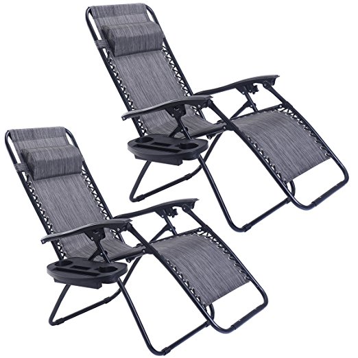 Goplus Zero Gravity Chairs, Lounge Patio, Folding Recliner, Outdoor Yard Beach with Cup Holder, Gray, 2 Piece