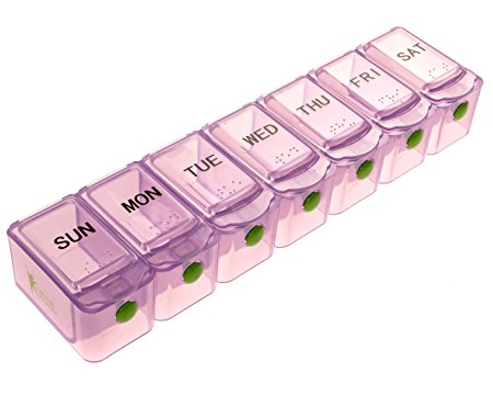 7 Day Push Button Weekly Pill Organizer Case Box Holder Dispenser for Your Supplements and Pills by SURVIVE! Vitamins, Translucent Purple Color, Large Size