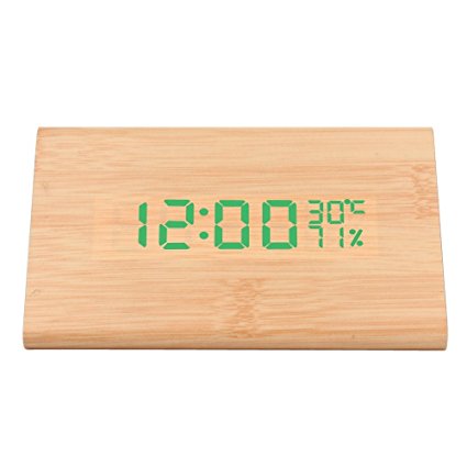 Smileto Modern Desk Digital Triangle Wood Clock With Grain Thermometer Touch Sound Activated Powered By USB/AA Battery(White case Green light)