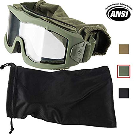 Lancer Tactical AERO 3mm Thick Dual Pane Lens Eye Protection Safety Goggle System ANSI Z87 1 Rated Industry Standard Panel Ventilated w/Anti-Scratch Shield Fully Adjustable (OD Green/Clear)