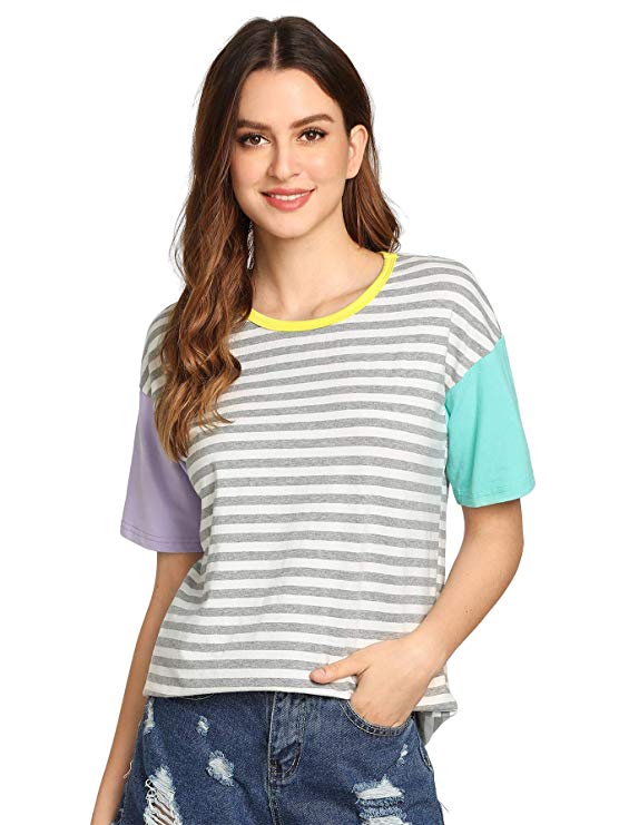 ROMWE Women Crewneck Striped Short Sleeve T-shirt Top Blouse