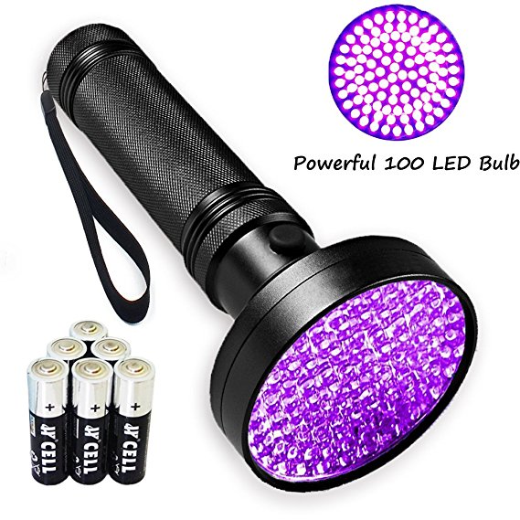Black Light UV Flashlight , Ultraviolet Lights 1# Best 100 LED Pet Urine Detector 30FT Flood Effect Scorpion Flashlights (AA Batteries Included)
