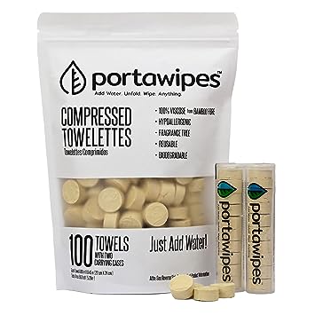 Portawipes Compressed Bamboo Coin Tissues | 100 Pack with 2 Carrying Cases | Toilet Paper Tablets | Compressed Towels | Expandable Wipes | Soft & Odor Free