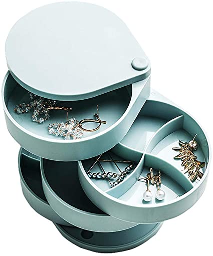 WINCANG Jewelry Organizer Box,Jewelry Tray Holder Organiser Box,Small Earring 4 Layer Rotating Jewelry Storage Case for Bracelets/Rings/Necklace,Jewelry Storage Box for Women Little Girl
