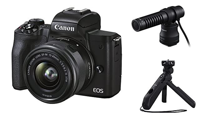 Canon EOS M50 Mark II with EF-M15-45mm is STM Lens, Canon Stereo Microphone DM-E100 and Canon Tripod Grip HG-100BTR