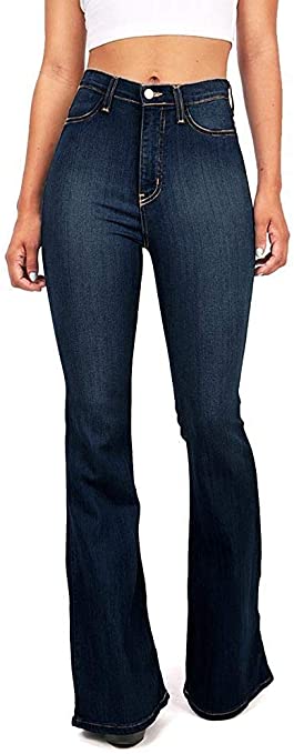 Vibrant Women's Juniors Bell Bottom High Waist Fitted Denim Jeans,Denim