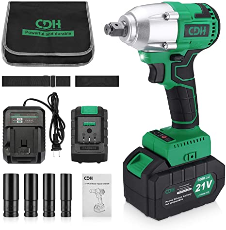 C D H 21V MAX Cordless Impact Wrench with 1/2"Chuck, Max Torque 206 ft-lbs (280N.m), 6.0A Li-ion Battery, 4Pcs Driver Impact Sockets, Fast Charger and Tool Bag