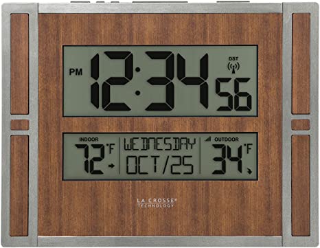 La Crosse Technology BBB86088 Atomic Digital Wall Clock with Indoor & Outdoor Temperature, 11.00" L x 1.10" W x 8.54" H, Golden Brown