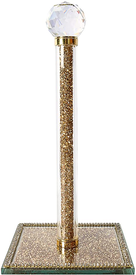 Gold Bling Paper Towel Holder Stand, Countertop Paper Towel Roll Dispenser Holders with Cube Base, Tissue Countertop Filled with Sparkly Crystal Crushed Diamond House Decor for Kitchen, Heavy Weight