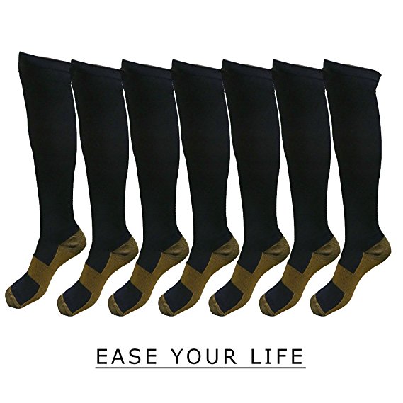 7 Pack Copper Knee High Compression Socks For Men & Women - Best For Running,Athletic,Medical,Pregnancy and Travel -15-20mmHg