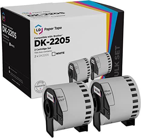 LD Compatible Paper Tape Replacement for Brother DK-2205 2.4 in x 100 ft (White, 2-Pack)