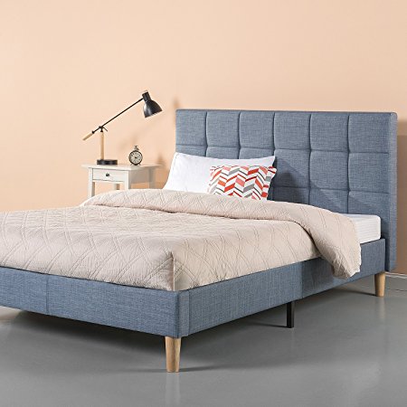 Zinus Upholstered Square Stitched Platform Bed in Light Blue, Queen