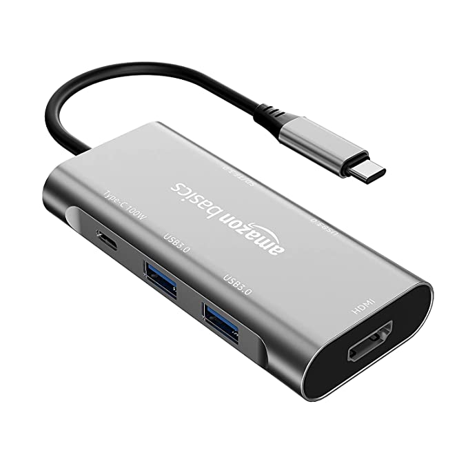 Amazon Basics USB-C Hub Dock 7-in-1 with 4K 30HZ HDCP Compliant, Aluminium Type C Adapter with 4K HDMI Port, USB 3.0 Port, USB-C Power Delivery, TF/SD Card Reader, Mac and Windows USB-C Devices