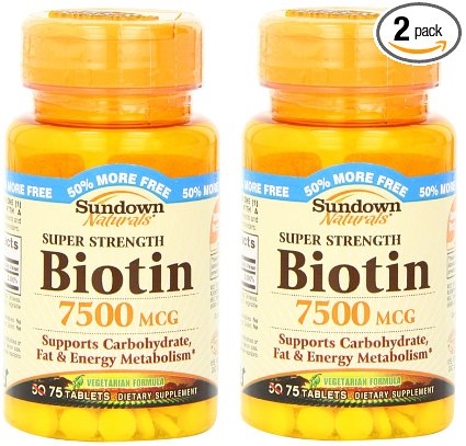 Sundown Naturals Super Strength Biotin 7500 Mcg Tablets, 75 Count (2 X 75 Count Bottles)