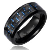 8MM Mens Titanium Ring Wedding Band Black Plated Black and Blue Carbon Fiber Inlay and Beveled Edges