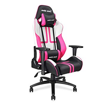 Anda Seat Viper Series Executive PVC Leather Gaming Chair,Large Size High-back Recliner Office Racing Chair,Swivel Rocker E-sports Chair,Height Adjustable with Lumbar Support Pillow(Black/White/Pink)