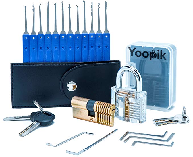 Yoopik Lock Set 17 Pieces with Clear Transparent Padlock and Euro Cylinder for Training and Practice, a Carrying Pouch and Ebook Guide