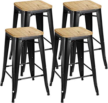 ZENY Set of 4 Metal Bar Stools 26" Counter Height with Wooden Seat Stackable Indoor/Outdoor Barstools, 330 lbs Capacity