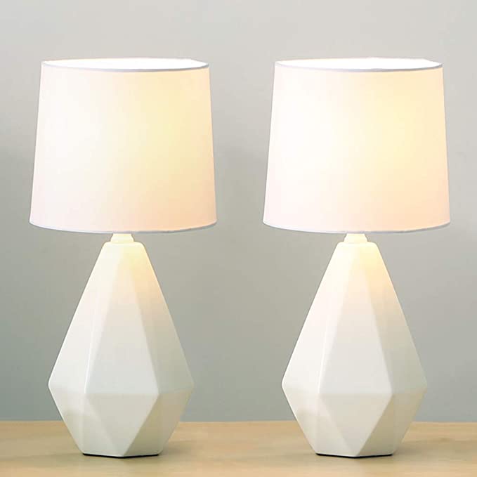 SOTTAE Modern Ceramic Small White Irregular Geometric Livingroom Bedroom Bedside Table Lamp,Cute Desk Lamp with White Fabric Shade(Set of 2)
