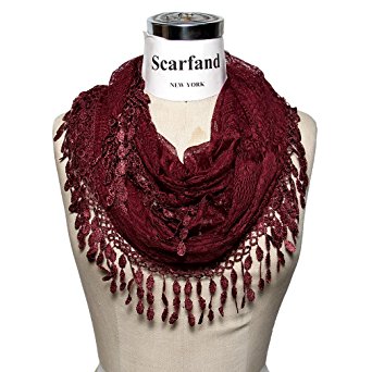Scarfand's Delicate Lace Infinity Scarf with Teardrop Fringes