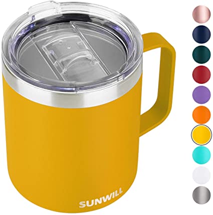 SUNWILL Insulated Coffee Mug with Handle, 14oz Stainless Steel Togo Coffee Travel Mug, Reusable and Durable Double Wall Coffee Cup, Powder Coated Yellow