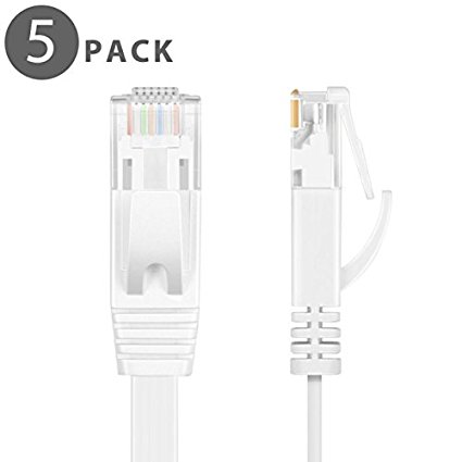 TNP Cat6 Flat Ethernet Network Cable - High Performance & Tangle Free with Premium UTP Twisted Pair RJ45 Snagless Connector Jack Computer LAN Patch Wire Cord Plug - Black (25 Feet (5 Pack), White)