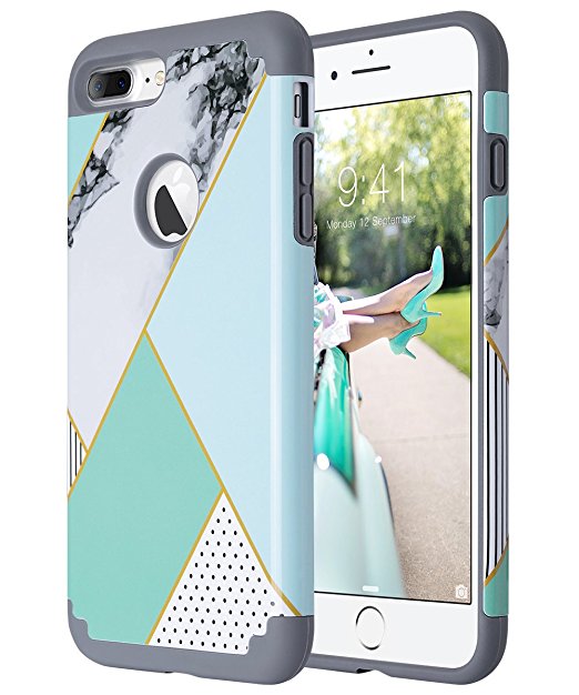 iPhone 8 Plus Case, iPhone 7 Plus case, ULAK Slim Heavy Duty Cases Dual Layer Shock-Absorption Hybrid TPU Bumper Hard PC Protective Cover for Apple iPhone 7 Plus/iPhone 8 Plus-Mint Geometric Pattern