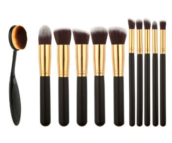 HOSL 10PCS Premium Synthetic Hair Makeup Brush Set Cosmetics Foundation Blending Blush Face Powder Brush Makeup Brush Kit Golden and Black