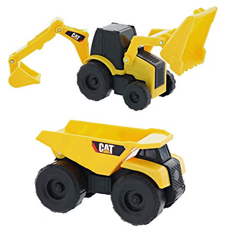 Road Rippers CAT Mini Machine Dual Axle Dump Truck and Backhoe Free-Wheeling Compact Construction Vehicle Toys with Adjustable Parts (2 Pack)