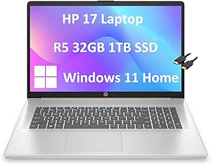 HP 2024 Latest 17 Laptop (17.3" FHD Anti-Glare, AMD 6-Core Ryzen 5 5500U, 32GB RAM, 1TB SSD, Narrow Bezel) Home & Business, Long Battery Life, Webcam, Fast Charge, IST Cable, Win 11 Home, Rose Gold