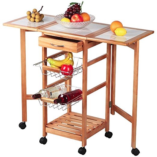 World Pride Portable Rolling Drop Leaf Kitchen Island White Tile Top Trolley Table Cart with Drawers and Baskets