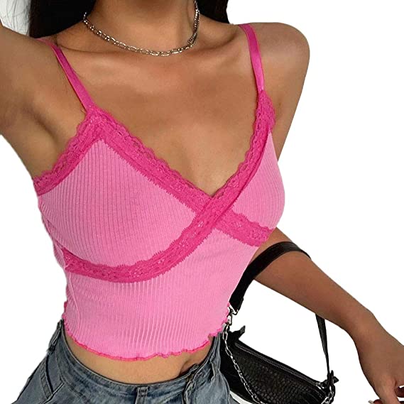 AOWEER Women Sexy Crop Top Short Summer Casual V Neck Sleeveless Lace Patchwork Knit Streetwear Tops