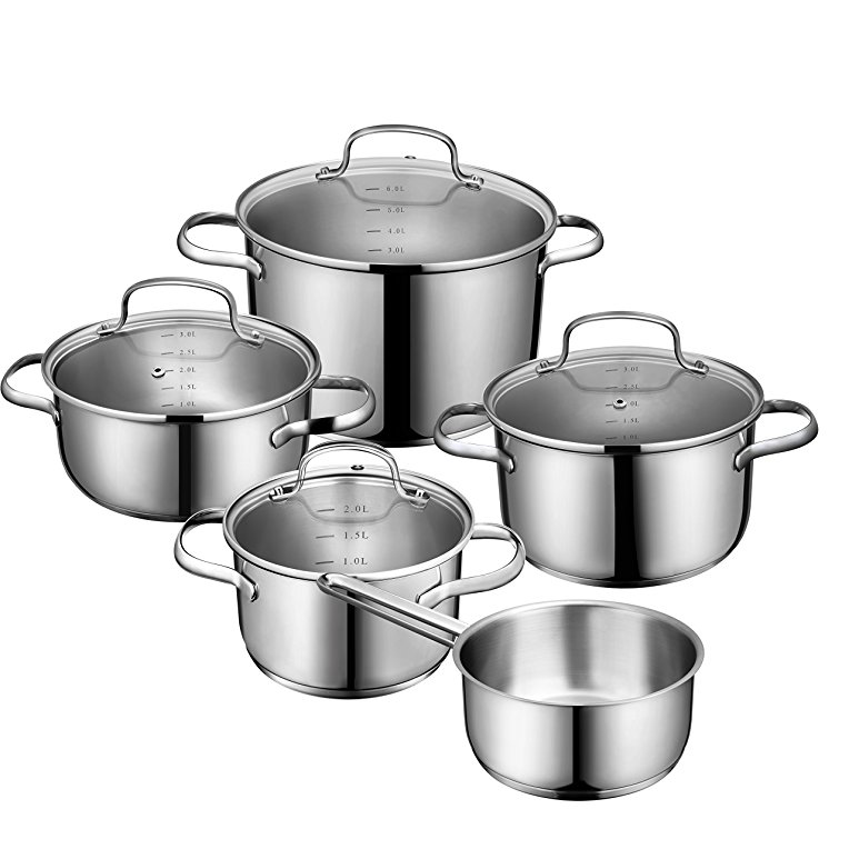 Deik Cookware Set, Stainless Steel Pot Set, Cooking Pots with Glass Lids, Suitable for Induction Hobs and Dishwasher-Safe, 5-Piece