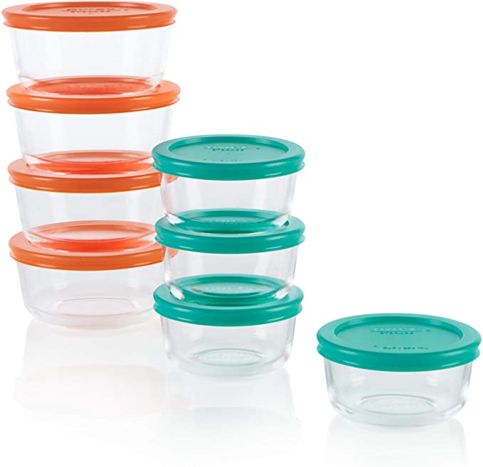 Pyrex 1136618 Simply Store Round Glass Food Containers with BPA Free Plastic Multi Coloured Lids, 16 Piece Set