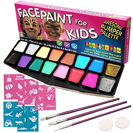 Face Paint Kit, BIG BUMPER 16-Pack for Kids with Make-Up Case. Face Painting Party Set with 3 Professional Brushes, 2 Sponges, 14 Colors, Stencils, Glitter Gel, FREE eBook. Safe Non-Toxic Water-Based
