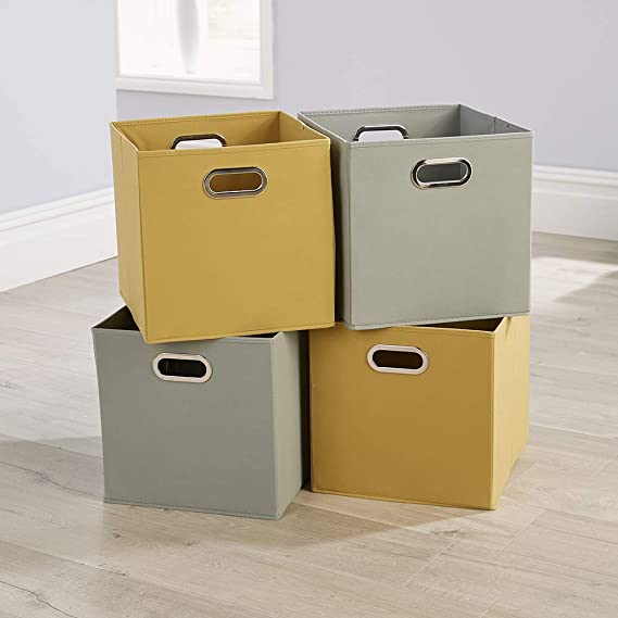 AmazonBasics Foldable Canvas Storage Cube 4 Piece, 2 Grey & 2 Yellow