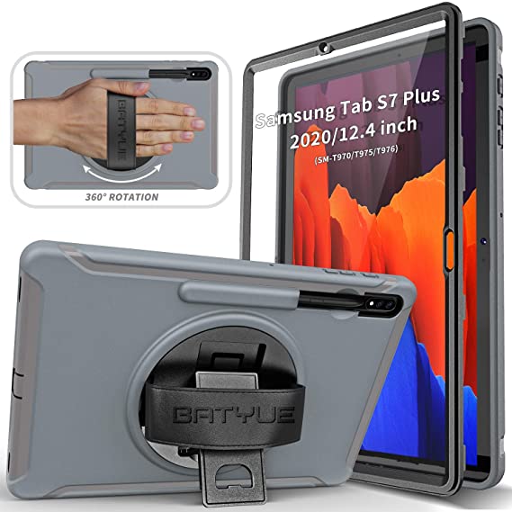 BATYUE Galaxy Tab S7 Plus Case with Screen Protector S Pen Holder Hand Strap Rotating Kickstand, Rugged Heavy Duty Shockproof Case for Samsung Tab S7  12.4" (2020) SM-T970/T975/T976 (Grey)