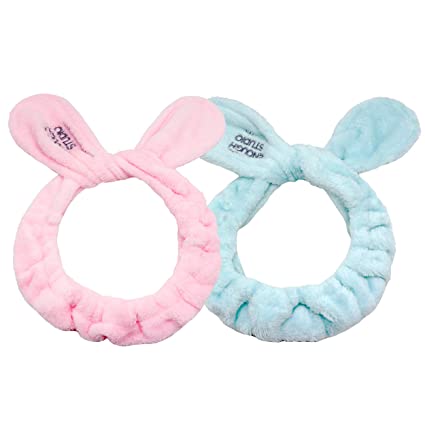 Dofash 2Pcs Cute Rabbit Ear Washing Face Headbands Animal Elastic Hair Bands for Washing Face,Makeup Cosmetic Beauty Hairband for Women Girls（Pink and Light Green)