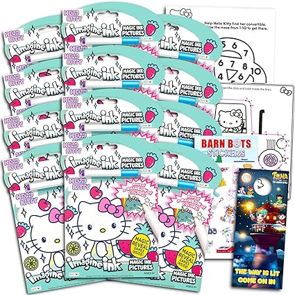 Hello Kitty Imagine Ink Coloring Book Set for Kids - 12 Pack No-Mess Magic Ink Sanrio Hello Kitty Coloring Books with Barn Bots Stickers and Door Hanger (Hello Kitty Party Favors Bundle)