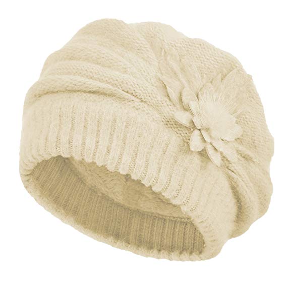 Janey&Rubbins Women's Winter Hat French Beret Solid Floral Decoration Knit Beanie Cap