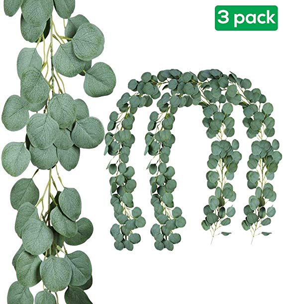 Artificial Greenery Faux Silk Eucalyptus Leaves Garland Plant, 3 Pack 6.5 Feet Long Silver Dollar Vines Perfect For Wedding Arch Backdrop, Doorway, Aisle, Holidays, Parties, Table Runner, Wall Decor
