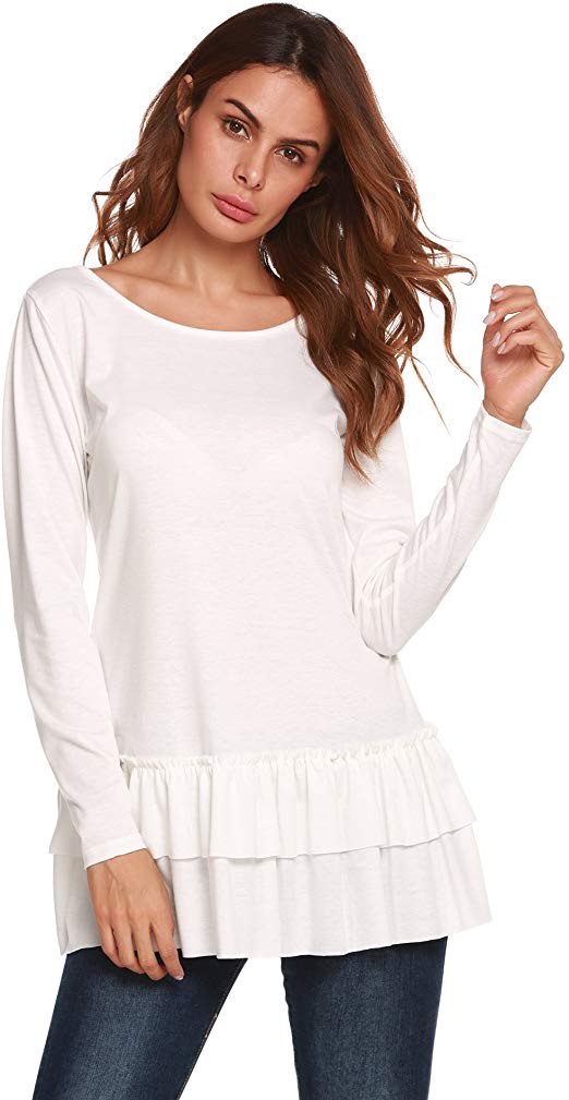 EASTHER Women's Casual Long Sleeve O Neck Ruffle Top Shirt Loose Pleated Flounce Blouse