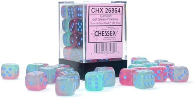 Chessex Dice Set – 12mm Gemini: Gel Green-Pink/Blue Luminary Dice Block – Dungeons and Dragons D&D DND TTRPG Dice – Includes 36 Dice – D6 (CHX26864)