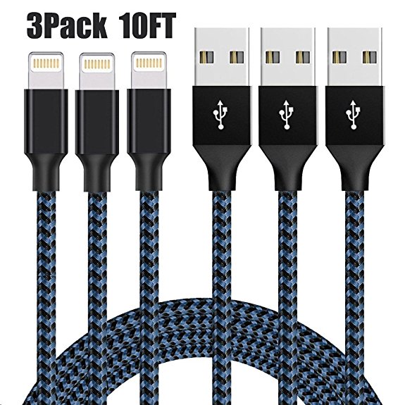 XUZOU iPhone Cable,Lightning Cable 3Pcks 10FT to USB Syncing and Charging Cable Data Nylon Braided Cord Charger for iPhone 7/7 Plus/6/6 Plus/6s/6s Plus/5/5s/5c/SE and more (3Pcks Gray&Blue)