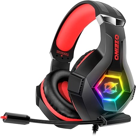 Ozeino [2024 New] Gaming Headset for PC, PS4, PS5, Xbox Headset, Gaming Headphones with Noise Cancelling Flexible Mic Memory Earmuffs RGB Light for Phone, Switch, Mac -Red