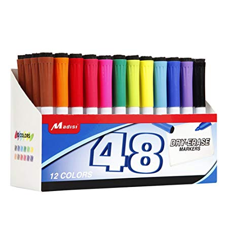 Dry Erase Markers by Madisi - Fine Tip, Assorted Colors, Set of 48 - Whiteboard Markers With Erasers