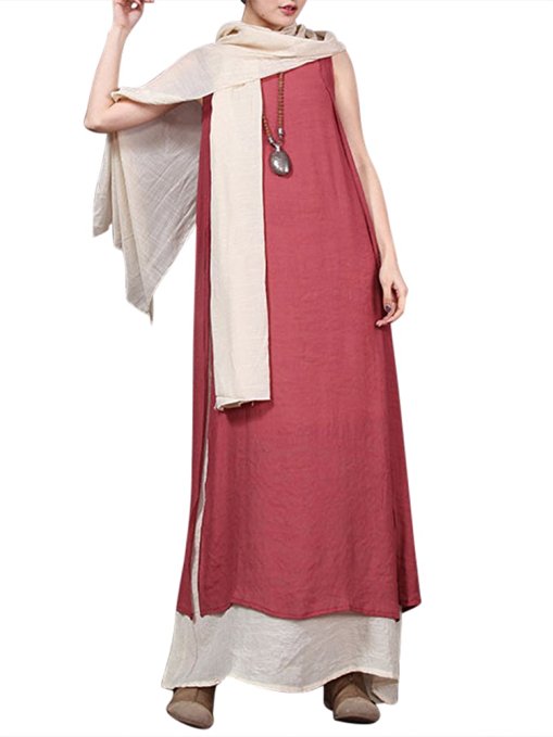 ZANZEA Ladies Cotton Linen Round Neck Two-layer A-line Baggy Vintage Long Maxi Dress